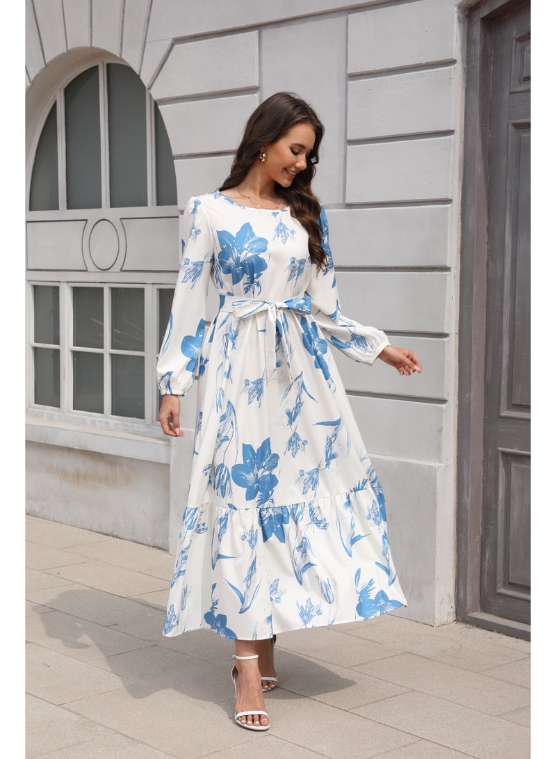 Maxi Dresses for Curvy Women Casual 3/4 Sleeve Crewneck Floor Length Floral Print Dress with Belt - Image 3